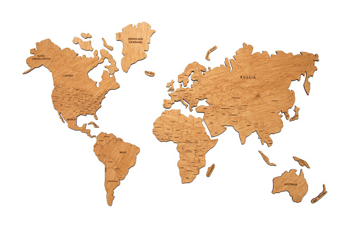 Wooden world map on a white isolated background.