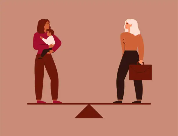 Vector illustration of Work-life balance concept. Businesswoman and female with a baby on her hands stand on the scales. Childminder and Working mother are equal. Maternity and career