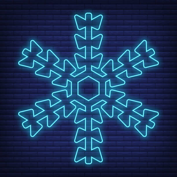 istock Snow snowflake icon glow neon style, concept weather condition outline flat vector illustration, isolated on black. Brick background. 1331254027