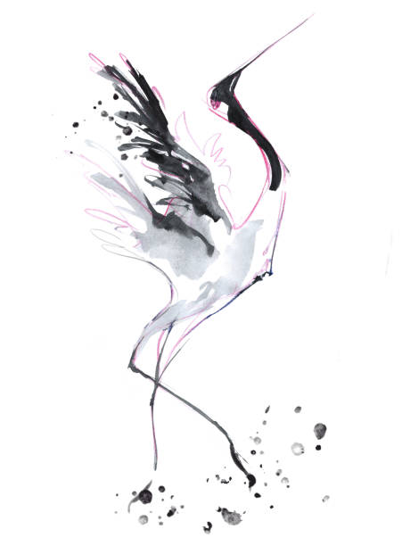ilustraciones, imágenes clip art, dibujos animados e iconos de stock de boceto de tinta de una garza de pie aleteando sus alas - traditional culture heron bird animal