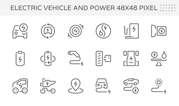Electric vehicle (EV) vector icon design. 48x48 pixel perfect and editable stroke. Electric vehicle (EV) vector icon design. Consist of auto car or motor, fuel, electrical, charger and charging station. Concept for technology, green power, alternative energy, eco and transportation. Thin line or outline with 48x48 pixel perfect and editable stroke. bike hand signals stock illustrations