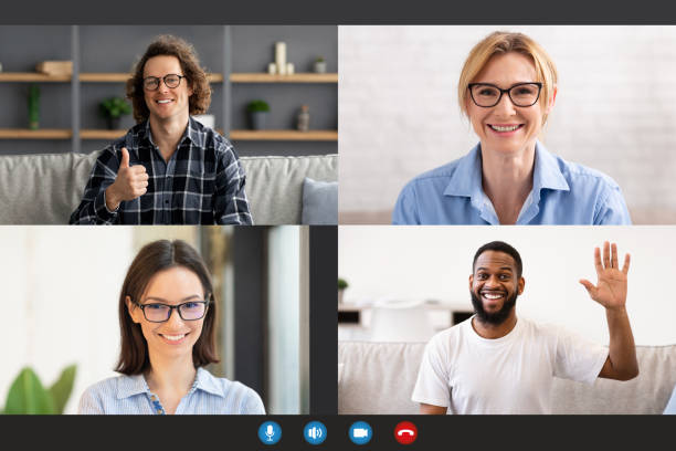 istock Smiling men and women making online videochat, screen view 1331256211