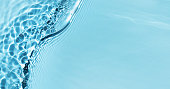 Defocused blue liquid water waves in sunlight background. Trendy summer nature banner.