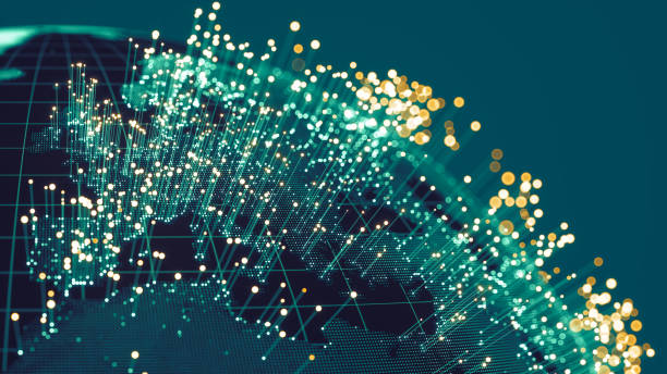 Global Communications (World Map Courtesy of NASA) Abstract Earth view from space with fiber optic cables rising from major cities.
(World Map Courtesy of NASA: https://visibleearth.nasa.gov/view.php?id=55167) advanced business development stock pictures, royalty-free photos & images