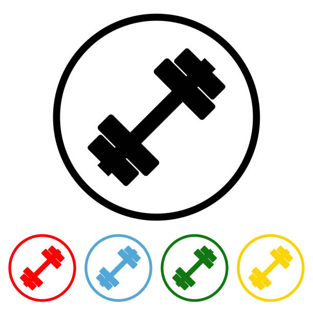 ilustraciones, imágenes clip art, dibujos animados e iconos de stock de icono plano de fitness con variaciones de color - gym yellow muscular build dumbbell