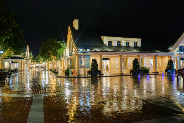 istock Rainy day small town street lights reflection 1331261892