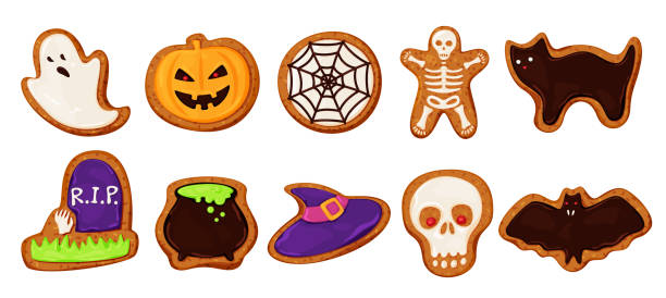 sammlung farbige halloween kekse vektor cartoon illustration bäckerei süßigkeiten mit gruseligen monstern - shortbread stock-grafiken, -clipart, -cartoons und -symbole