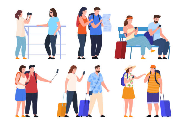 ustaw parę i przyjaciół turystów na wakacjach wektor ilustracja mężczyzna kobieta podróżująca razem - women travel tourist suitcase stock illustrations