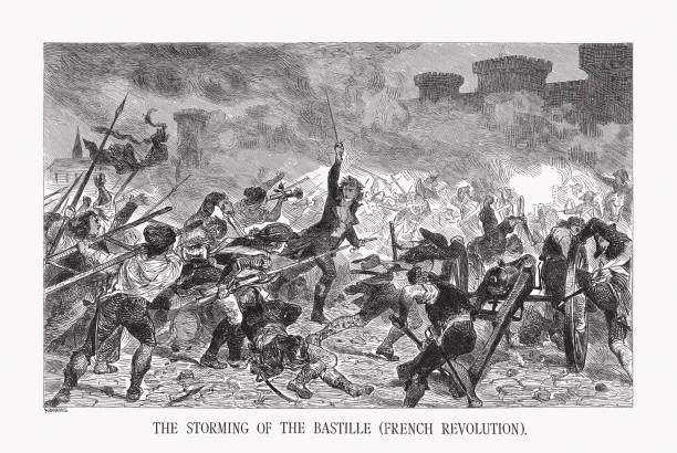 Storming of the Bastille, French Revolution (1789), woodcut, published ca. 1880 The Storming of the Bastille on the afternoon of 14 July 1789 - one of the significant events at the beginning of the French Revolution. Wood engraving after an original by Georg Bleibtreu (German painter, 1828 - 1892), published ca. 1880. storming stock illustrations