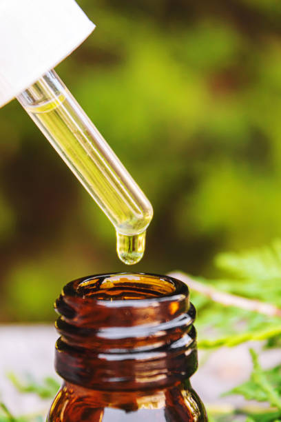 istock Juniper essential oil in a small bottle. Selective focus. 1331264876