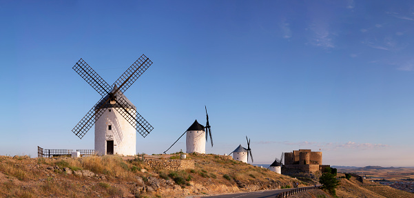 Windmills of Cervantes Don Quixote in Consuegra. Castile La Mancha, Spain, Europe