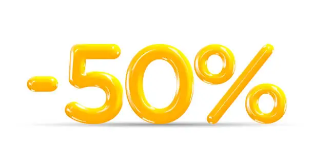 Vector illustration of 50 percent Off. Discount creative composition of golden or yellow balloons. 3d mega sale or fifty percent bonus symbol on white background. Sale banner and poster. Vector illustration.