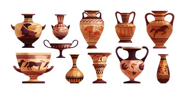 ilustrações, clipart, desenhos animados e ícones de vaso grego antigo com decoração. antigo pote de argila tradicional ou pote para vinho. ilustração de desenho animado vetorial. - amphora ancient past greece