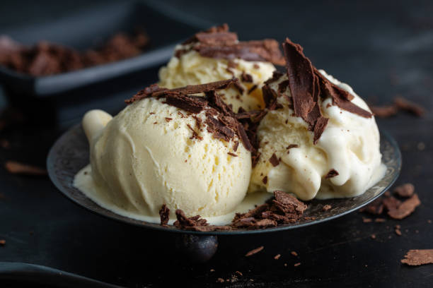 istock Vanilla ice cream scoops with chocolate chunks on dark plate. 1331272099