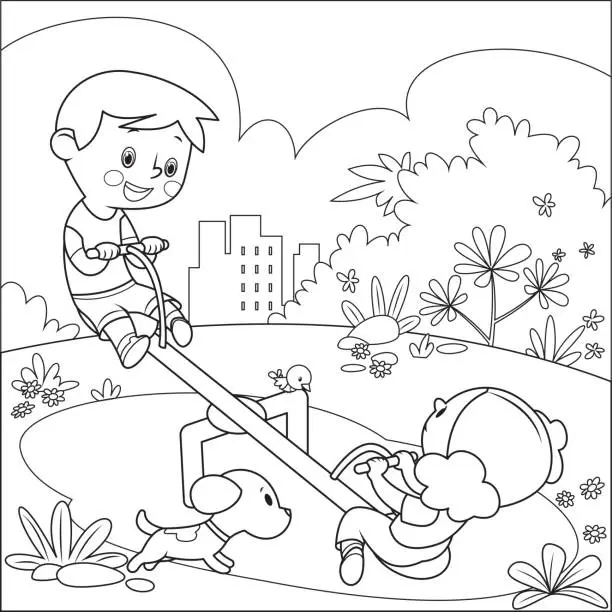 Vector illustration of Coloring book, Cute kids having fun on seesaw at playground