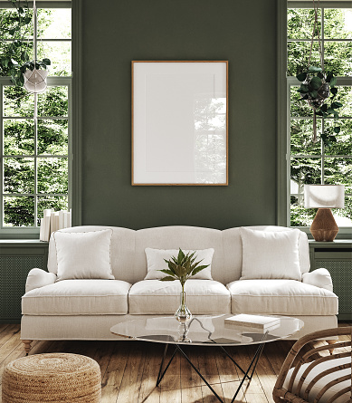 Poster frame mock-up in home interior background with sofa, table and decor in living room, 3d render