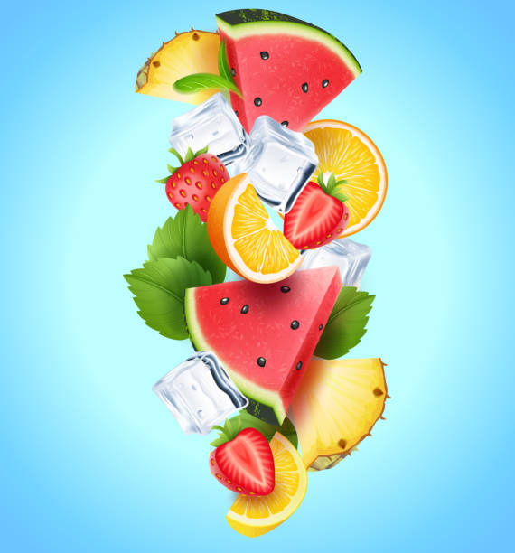 illustrazioni stock, clip art, cartoni animati e icone di tendenza di composizione di colorati pezzi realistici che cadono di frutta, bacche, foglie di menta e cubetti di ghiaccio - concetto di copertina dell'etichetta del prodotto, illustrazione vettoriale - watermelon melon fruit juice
