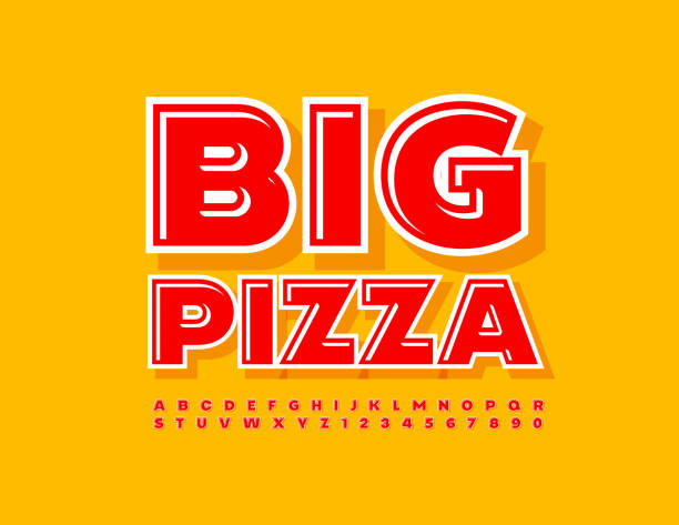 ilustrações de stock, clip art, desenhos animados e ícones de vector advertising sign big pizza with set of alphabet letters and numbers - pepperoni