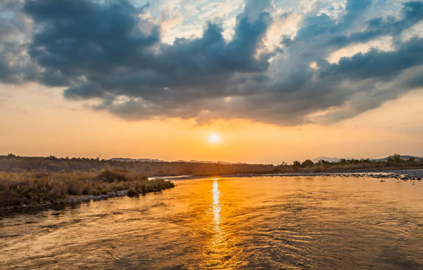 flooded river and sunset - jim corbett national park 個照片及圖片檔