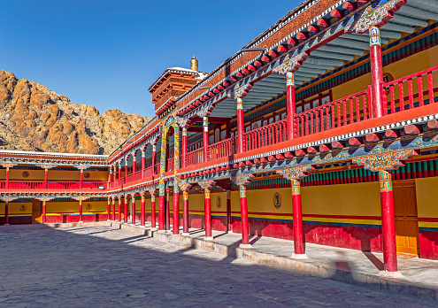 Beautiful colorful corridor in Hemis Monastery in Ladakh, India