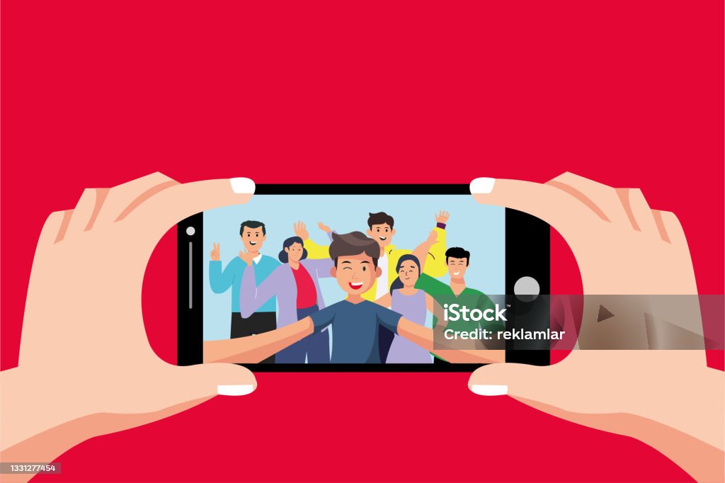 Selfie Concept With Phone Front Camera Group Selfie Vector On Smartphone  Photo Portrait Of Friendly Youth Team Friends Take Photo On Phone Camera Or  Young Character Taking Friendship Selfies On Phone Cartoon