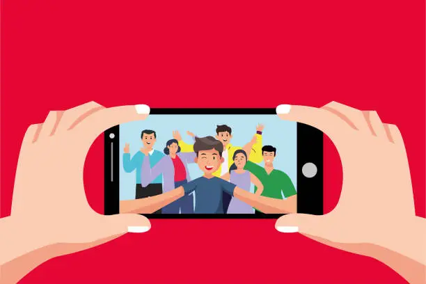Vector illustration of Selfie concept with phone front camera. Group selfie vector on smartphone. Photo portrait of friendly youth team, friends take photo on phone camera or young character taking friendship selfies on phone. Cartoon vector illustration.