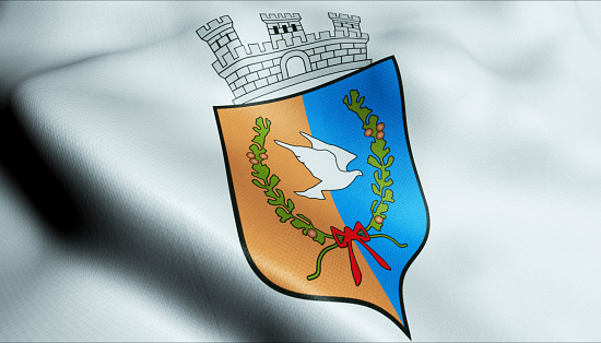 3D Illustration of a waving Albanian city flag of Gramsh