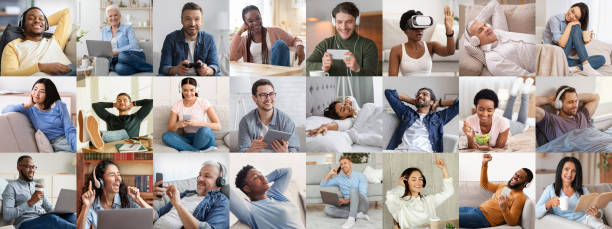 istock Set of different people spending time at home 1331283292