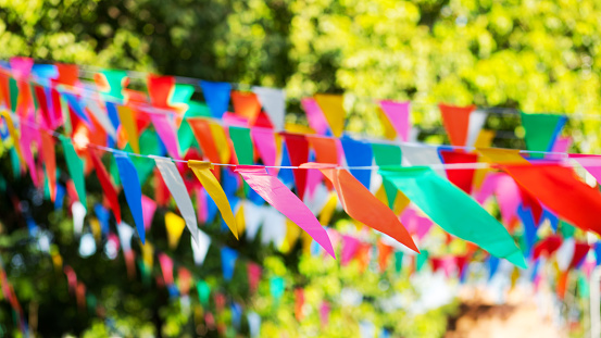 Multicolored pennant decor at local festival in Phitsanulok