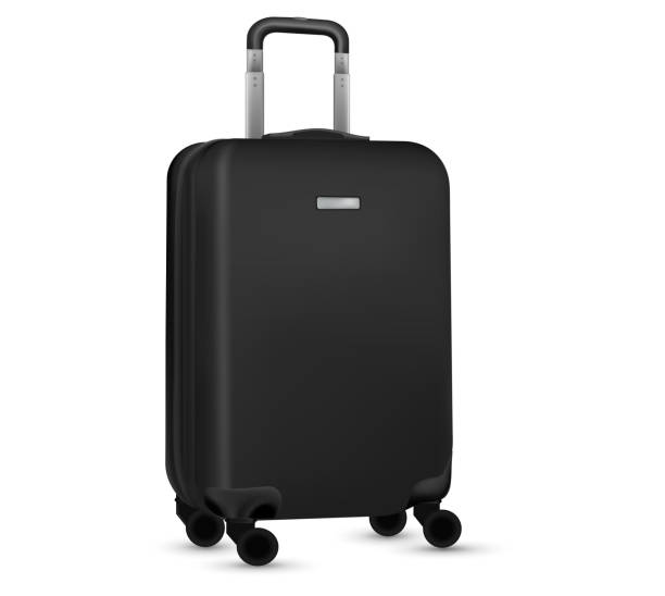 istock Suitcase white background. Black plastic luggage or vacation baggage bag collection isolated. Copy space of summer vacation and business travel concept. 1331287497