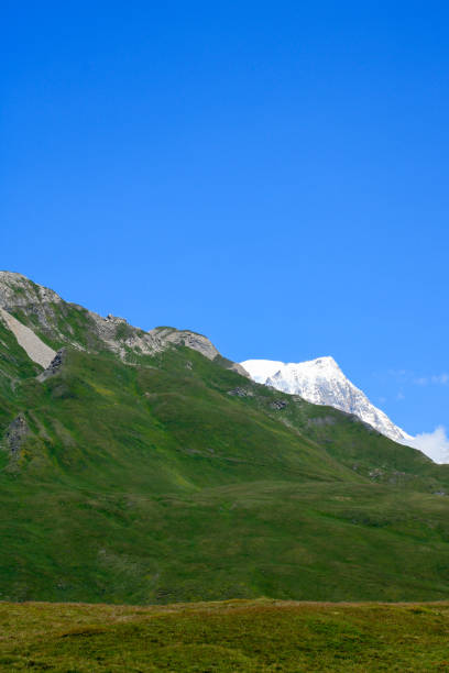 Snowcapped rocky peak. View of a mountain range in summer with snow at the top. Pastures in the foreground.