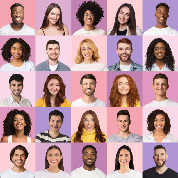 istock Delighted multiracial men and women cheerfully smiling at camera, collage 1331291611