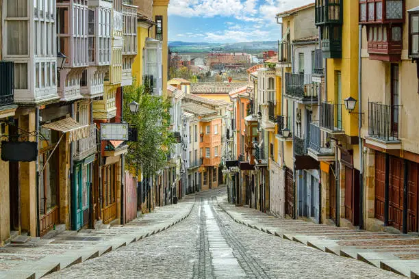 Famous street of Zamora in Spain with colorful houses and typical balconies. Castilla Leon.