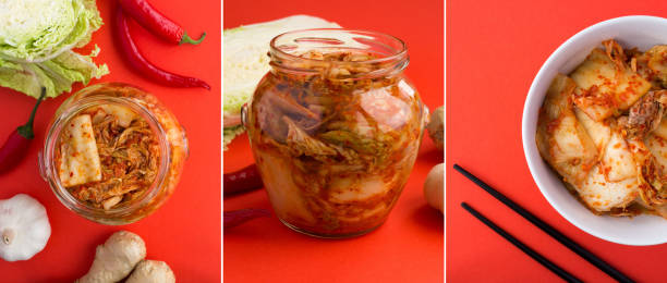 istock Collage of kimchi on the red background. Close-up. 1331293196