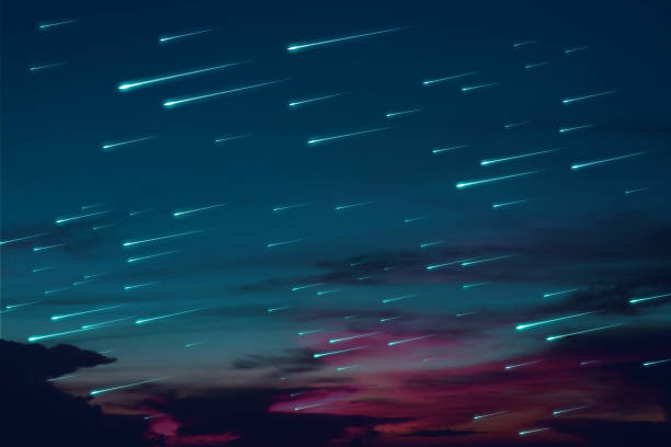 blue meteors rain on sunset night sky dark cloud blue meteors rain on the sunset night sky dark cloud meteor shower stock pictures, royalty-free photos & images