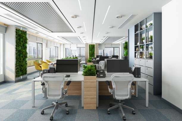 istock Eco-Friendly Open Plan Modern Office With Tables, Office Chairs, Meeting Table And Vertical Garden Background 1331294959