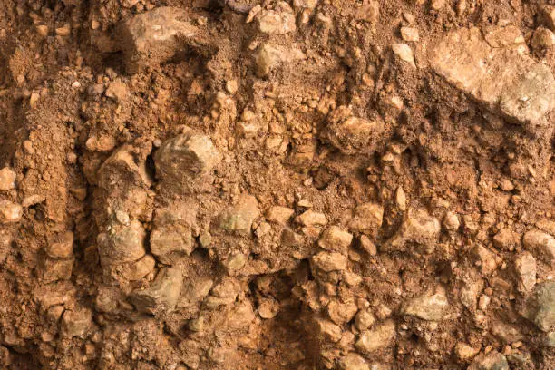 Photo of abstract of rocky mountain earth, yellow or red soil side view, background texture