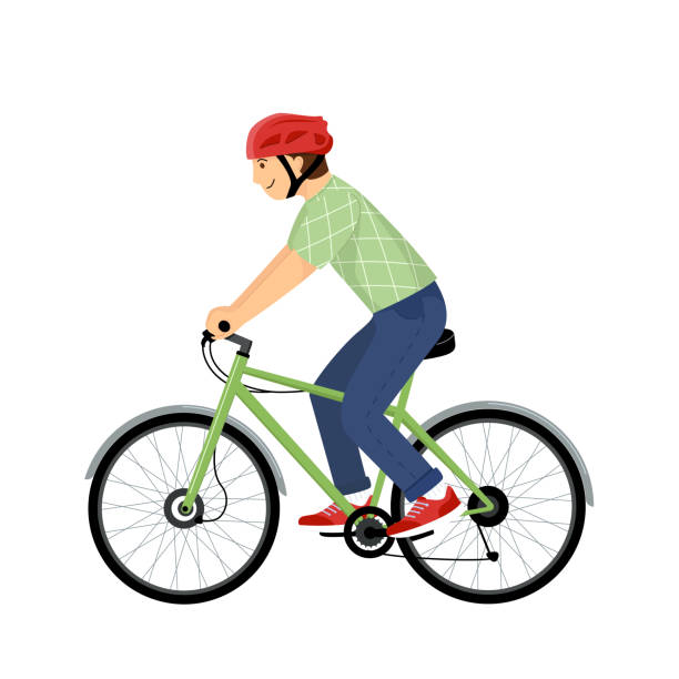 Young man rides a sports bike Vector flat design illustration. Activity and healthy lifestyle concept. Isolated on white Young man rides a sports bike Vector flat design illustration. Activity and healthy lifestyle concept. Isolated on white. wheel cap stock illustrations