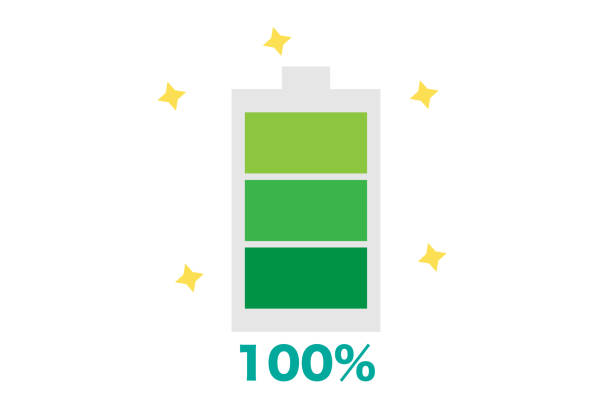 Rechargeable battery 100% Rechargeable battery. Recovery of charge. 100% remaining. Vector illustration. phone charging station icon stock illustrations