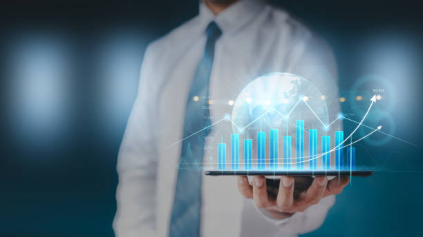 istock Money businessman touch virtual screen screen displaying a crypto currency featuring stock tickers or graphs. Stock trading platform concept. professional financial. Stock market data candlesticks. 1331297664