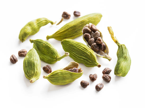 стручки и семена кардамона выделены на белом фоне. - cardamom seed plant isolated стоковые фото и изображения