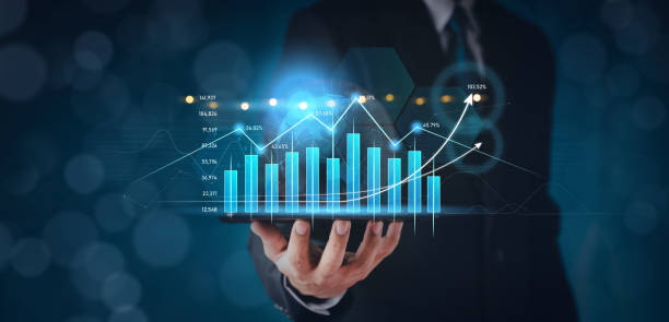 istock Money businessman touch virtual screen screen displaying a crypto currency featuring stock tickers or graphs. Stock trading platform concept. professional financial. Stock market data candlesticks. 1331297790