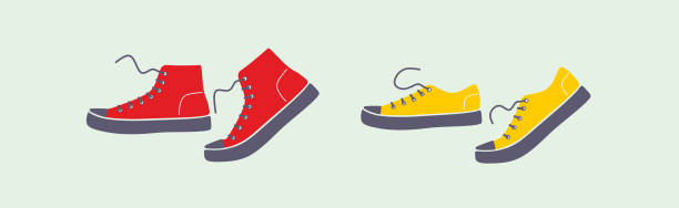 Shoe pair, boot, footwear,sneakers. Canvas shoes. Shoe pair, boot, footwear,sneakers. Canvas shoes. Сolor fashion style high-top and low-top sneakers casual collection. lace-up shoe walking. Bootmaker, shoemaker, cobbler. Colorful isolated flat vector illustration. high tops stock illustrations