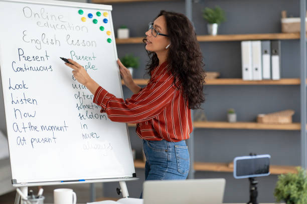 istock Teacher writin on board, giving virtual lecture to students 1331298295