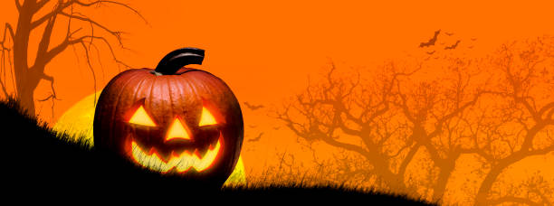 3d render, Halloween, Pumpkin, Jack O' Lantern, Smiley Face, Autumn background.