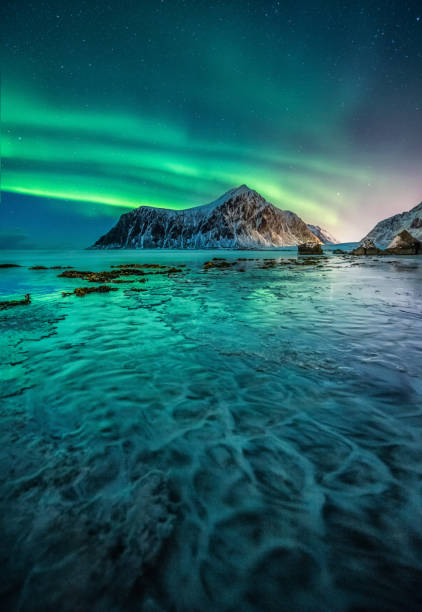 fotos de hermosos paisajes en noruega. tanto la nieve como las auroras boreales son populares entre los turistas. - lofoten and vesteral islands beach nature norway fotografías e imágenes de stock