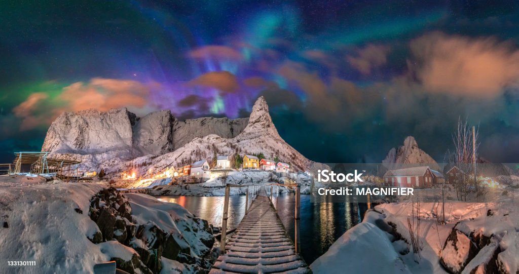 Pictures of beautiful landscapes in Norway. Both snow and northern lights are popular with tourists. Tromso Stock Photo