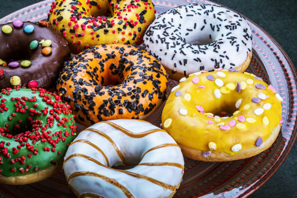 istock donuts with different flavors of frosting on a platter 1331302479