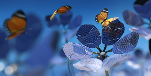 A macro image with shallow depth of field of a group of futuristic flowers with petals made from solar panels and stem made from cables. Three Orange Forester butterflies are in mid flight amongst the flowers. Butterflies have blurred motion.