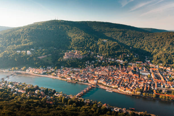 Heidelberg Altstadt from above Heidelberg old town in Germany, as seen from above on a sunny day. The Altstadt is surrounded by green forest and the blue water of the Neckar river flows through the city odenwald photos stock pictures, royalty-free photos & images